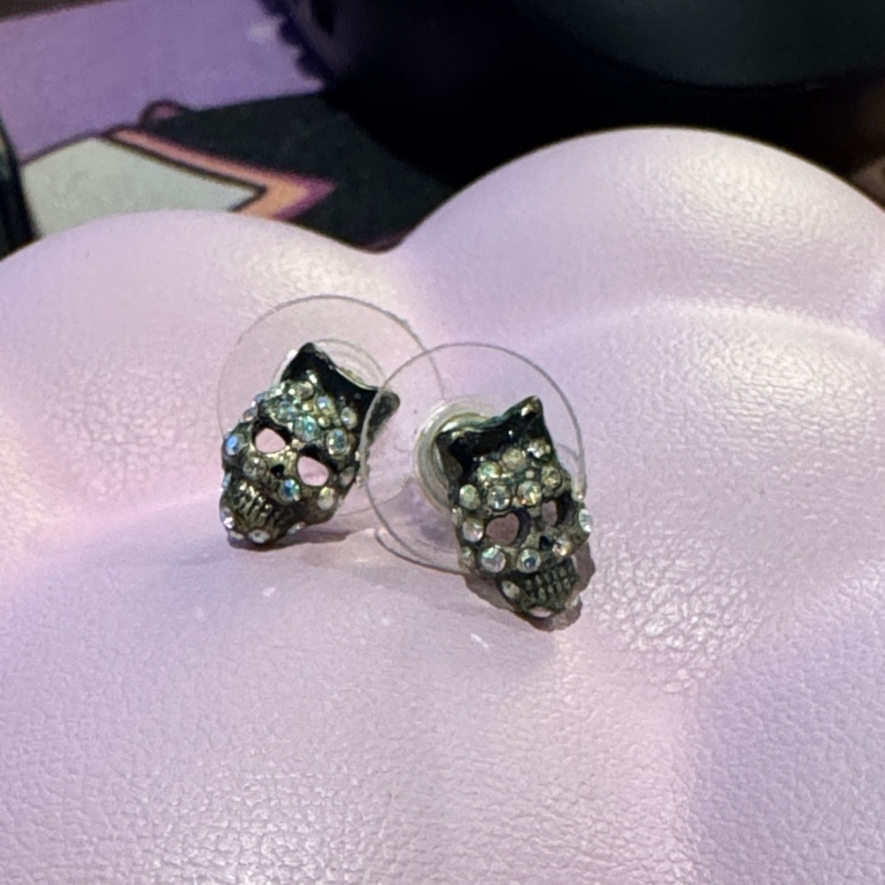 Betsey Johnson Rare Skull Stud Earrings with Rhinestones